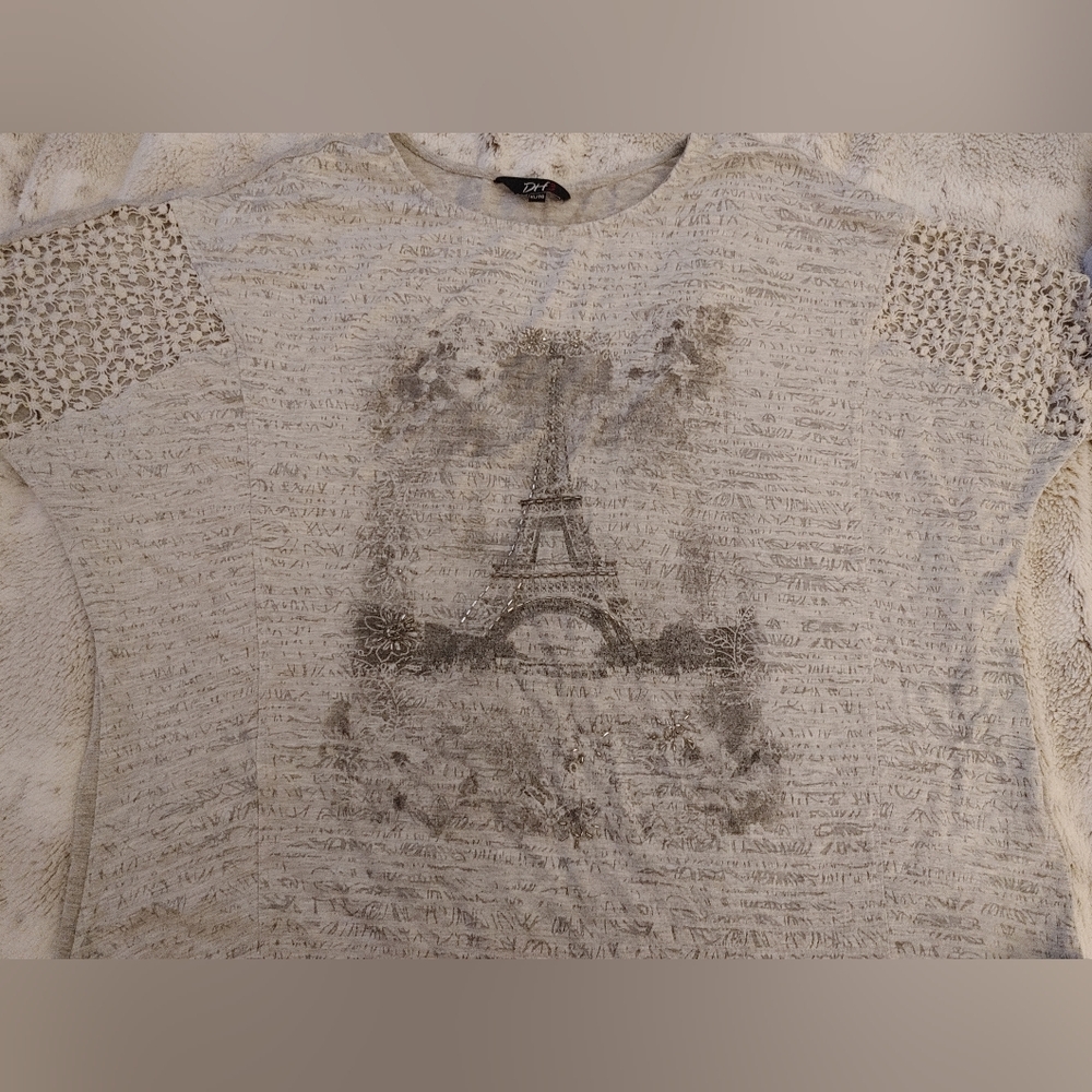 DH3 Grey Eiffel Tower Sparkle & Lace Loose Shirt ~ Size XL